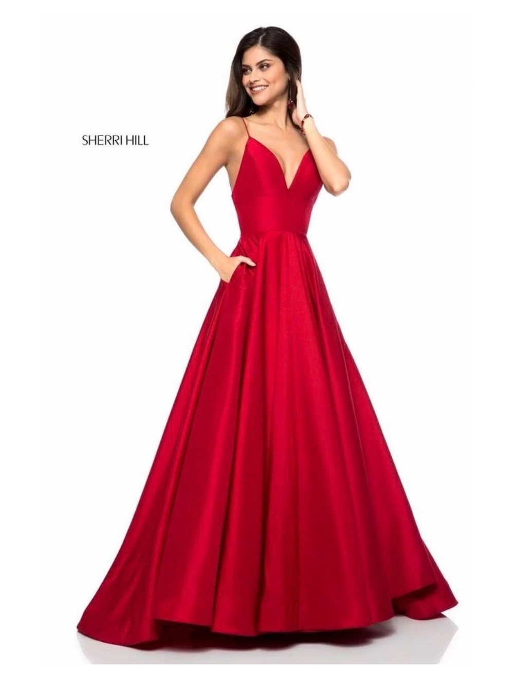 Sherri Hill Red Satin V-Neck A-Line Prom Gown